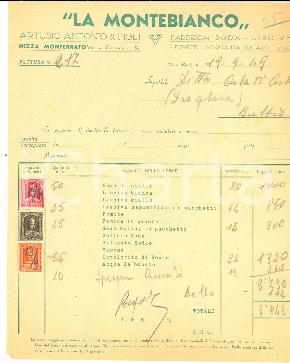 Documento originale, autentico 1949 NIZZA MONFERRATO AL LA MONTEBIANCO Fabbrica soda e liscive Fattura 1