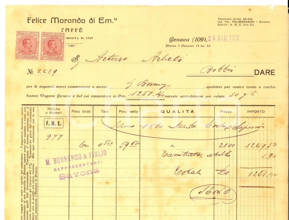 Documento originale, autentico 1927 GENOVA Ditta Felice MORANDO caffÃ¨ Fattura intestata per SANTOS extra 1