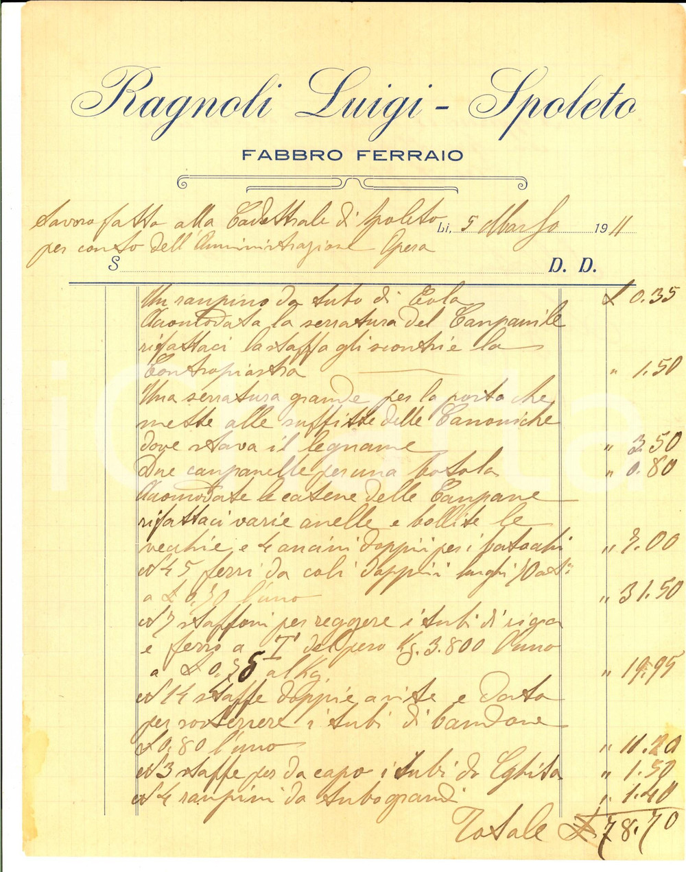 Documento originale, autentico 1911 SPOLETO Luigi RAGNOLI Fabbro ferraio Fattura per serrature e campanelli 1