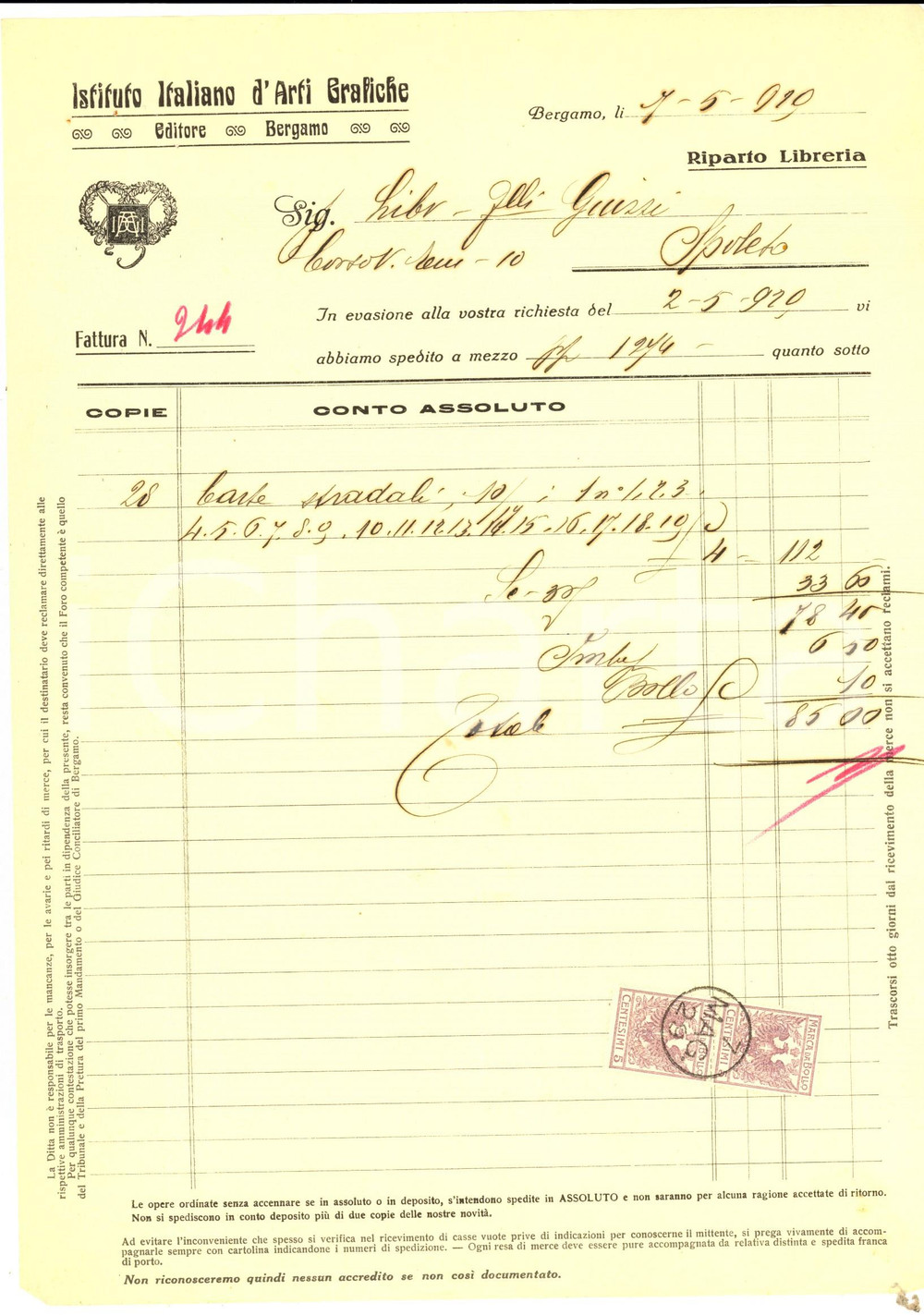 Documento originale, autentico 1929 BERGAMO Istituto Italiano d Arti Grafiche Fattura per carte stradali 1