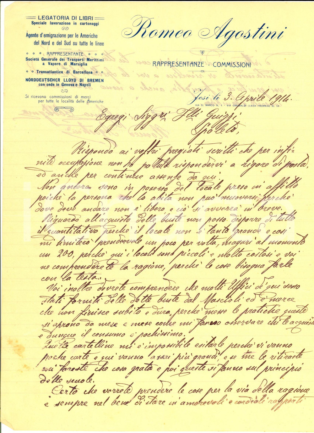 Manoscritto, lettera originale 1914 JESI AN Romeo AGOSTINI Legatoria  Lettera su una fornitura di libri 1