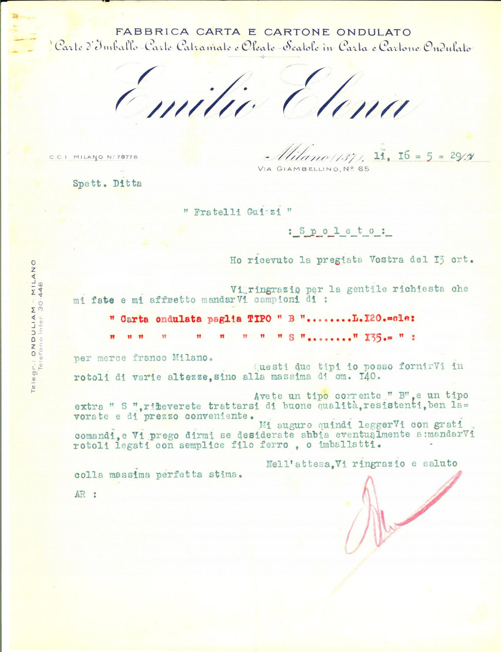 Documento originale, autentico 1929 MILANO Via Giambellino 65  Fabbrica Emilio ELENA Carta e cartone  Lettera 1