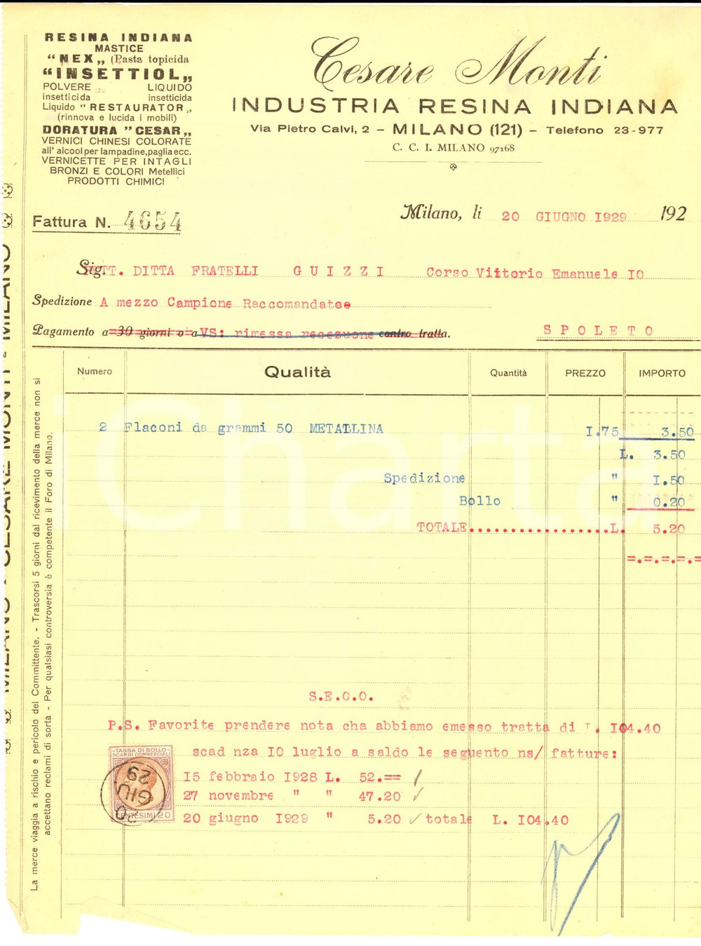 Documento originale, autentico 1929 MILANO Via Calvi 2 Ditta Cesare MONTI industria resina indiana Fattura 1