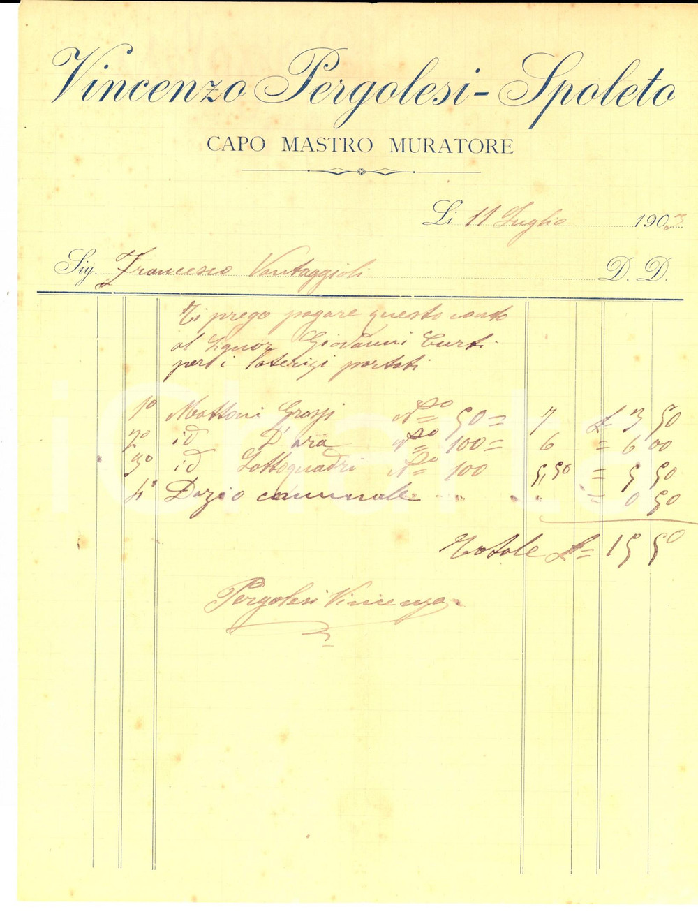 Documento originale, autentico 1903 SPOLETO Vincenzo PERGOLESI capo mastro muratore Fattura intestata 1