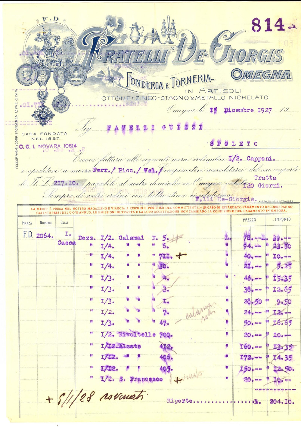Documento originale, autentico 1929 OMEGNA VB Fratelli DE GIORGIS Fonderia e torneria Fattura intestata 1