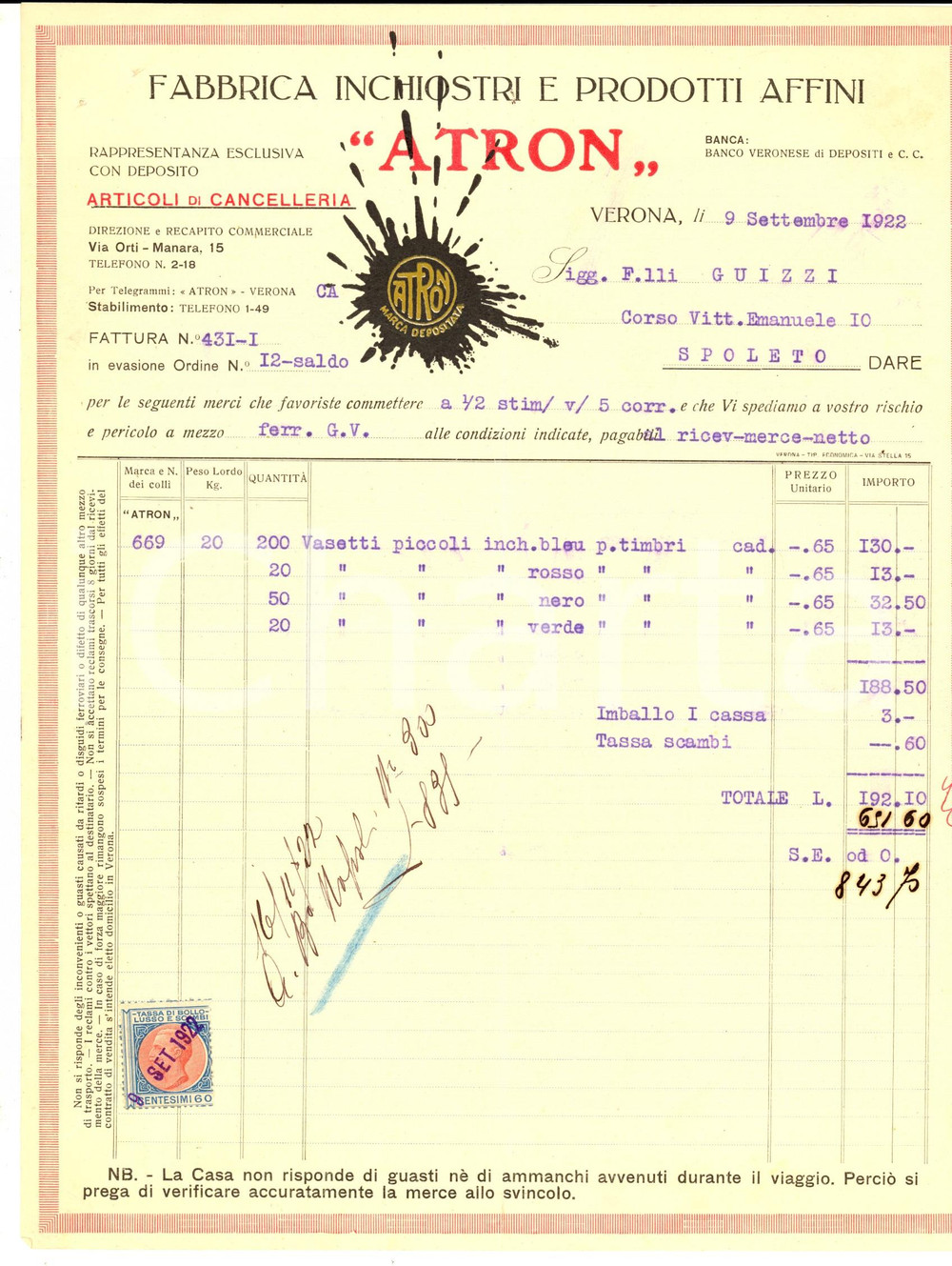 Documento originale, autentico 1922 VERONA Fabbrica Inchiosti ATRON articoli cancelleria Fattura intestata 1