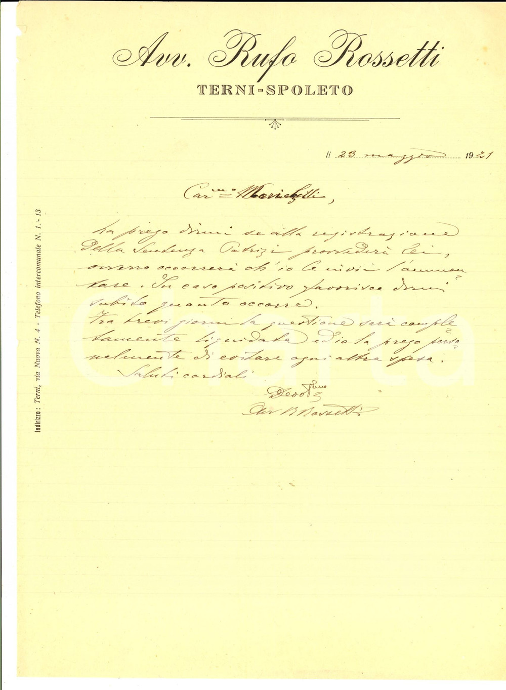 Documento originale, autentico 1921 TERNISPOLETO Avv. Rufo ROSSETTI Lettera sulla sentenza Patrizi 1
