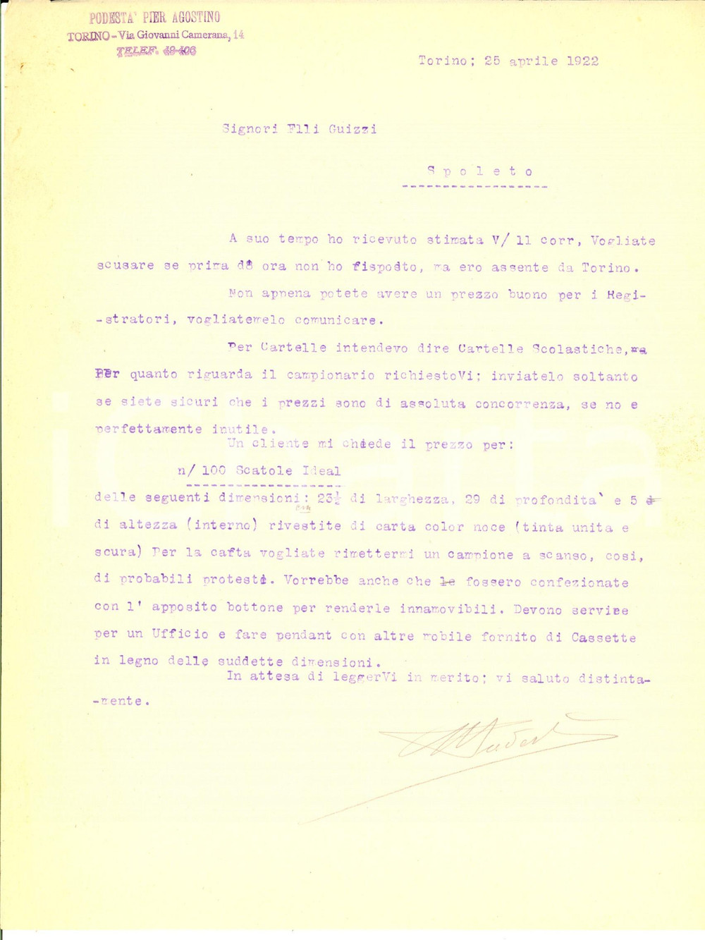 Documento originale, autentico 1922 TORINO Pier Agostino PODESTA  su una fornitura di scatole IDEAL Lettera 1