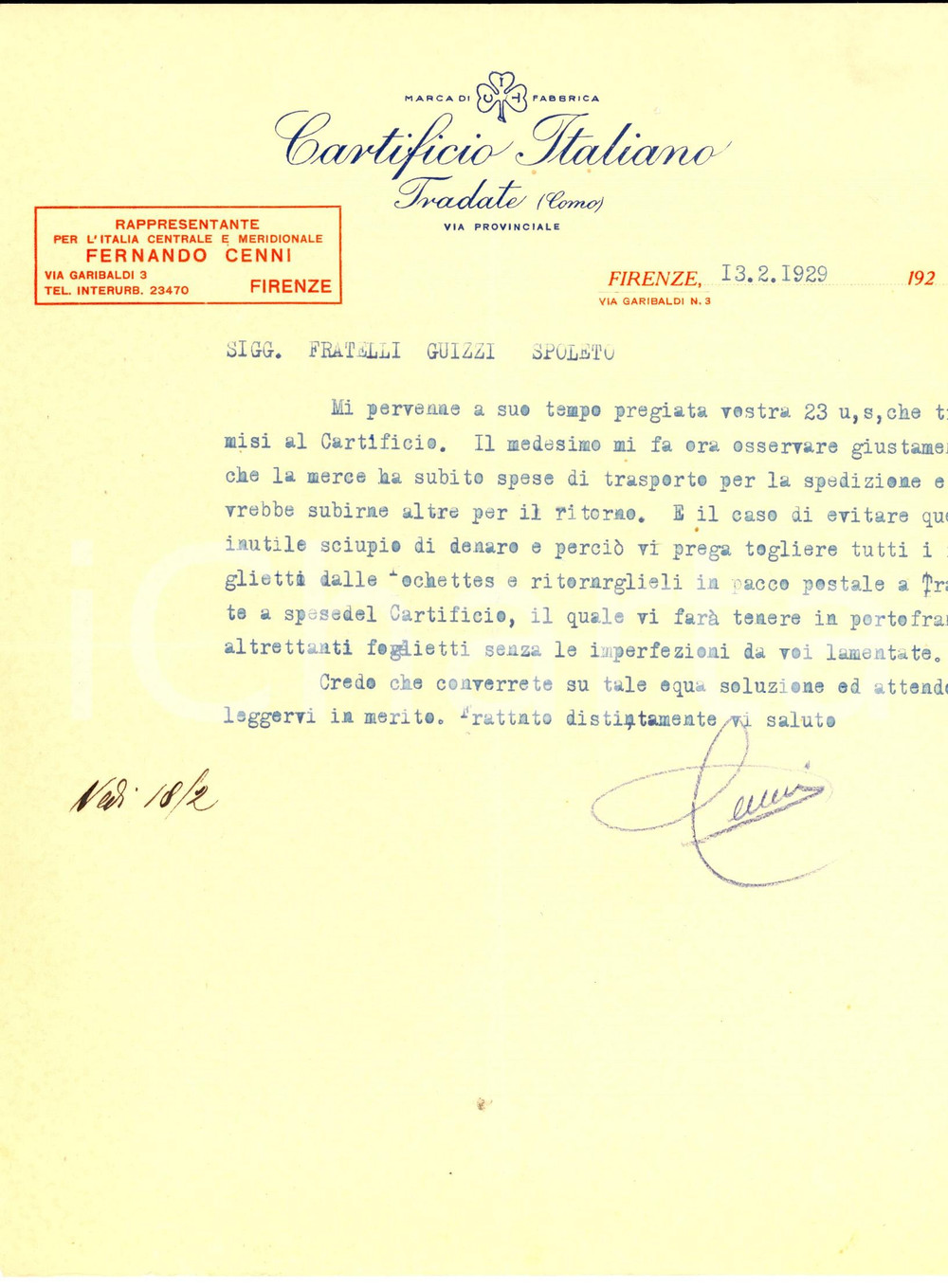 Documento originale, autentico 1929 FIRENZE Lettera CARTIFICIO ITALIANO sulle spese di trasporto della merce 1