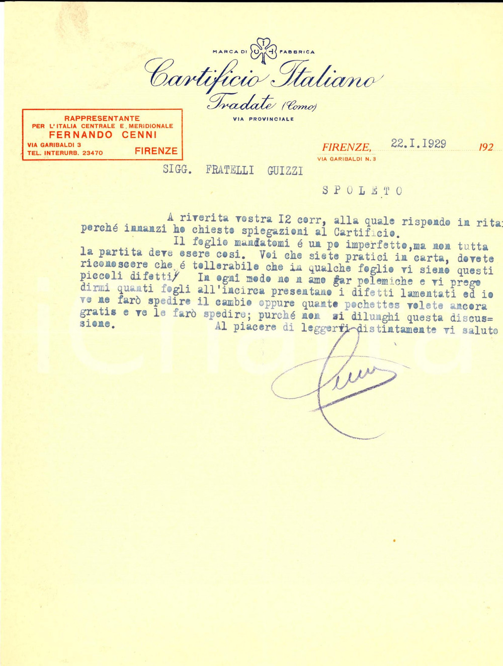 Documento originale, autentico 1929 FIRENZE Lettera CARTIFICIO ITALIANO sui difetti di una fornitura di merce 1