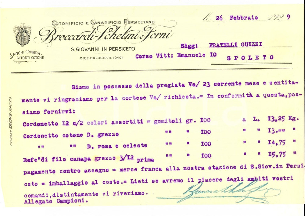 Documento originale, autentico 1929 SAN GIOVANNI IN PERSICETO Cotonificio BROCCARDI  SCHELMI e FORNI Lettera 1