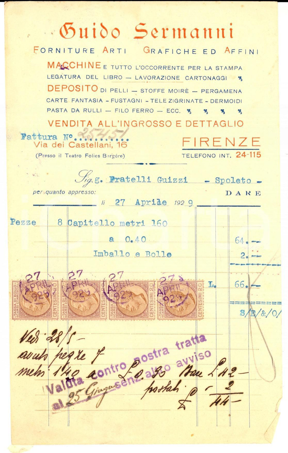 Documento originale, autentico 1929 FIRENZE Guido SERMANNI Forniture arti grafiche Fattura intestata 1