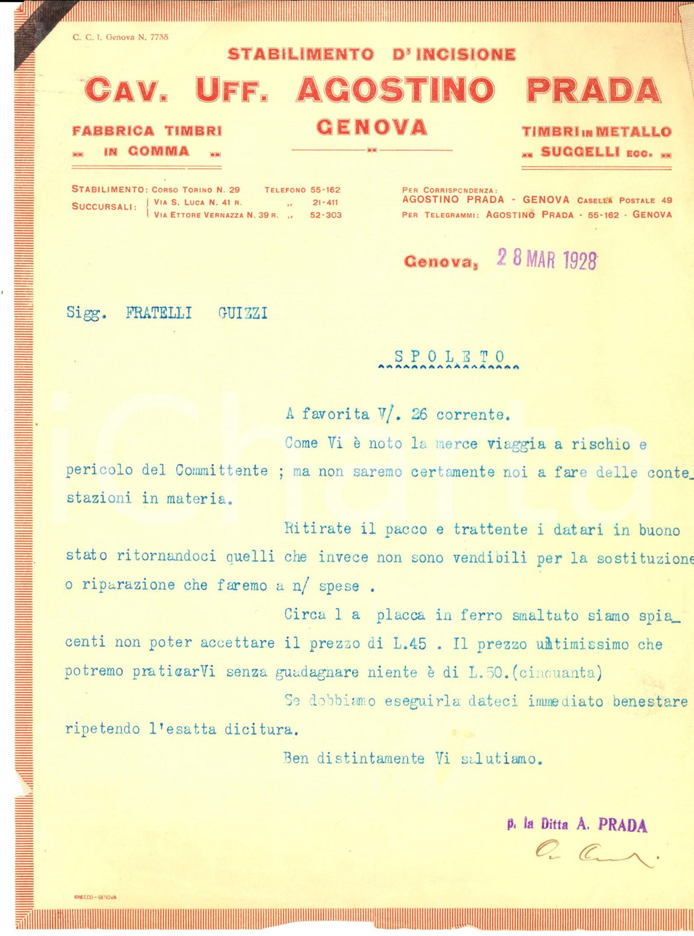 Documento originale, autentico 1928 GENOVA Cav. uff. Agostino PRADA Stabilimento incisione Lettera commerciale 1