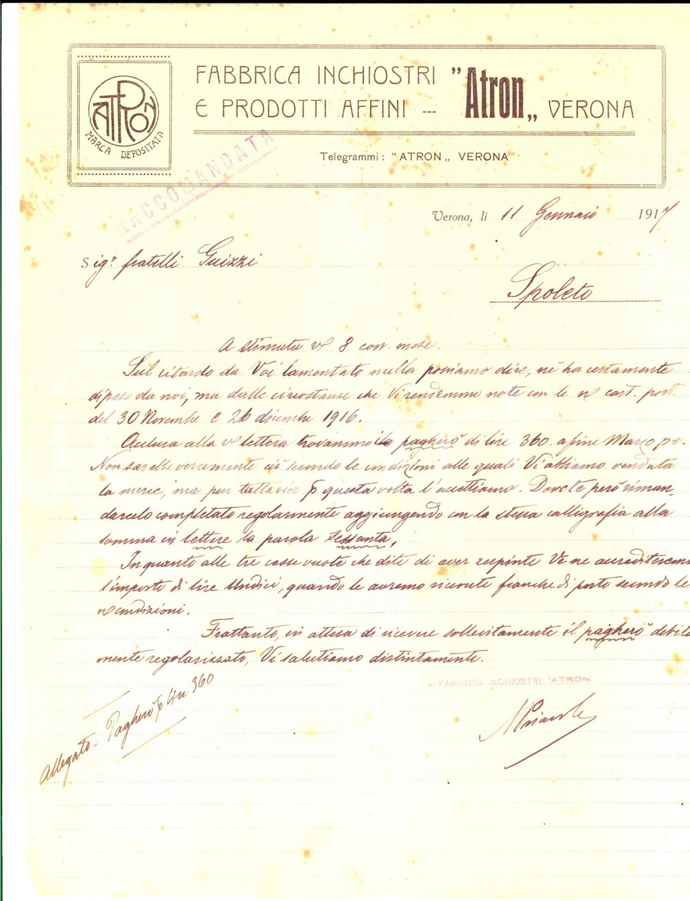 Documento originale, autentico 1917 VERONA Fabbrica Inchiostri ATRON e affini Lettera  commerciale 1