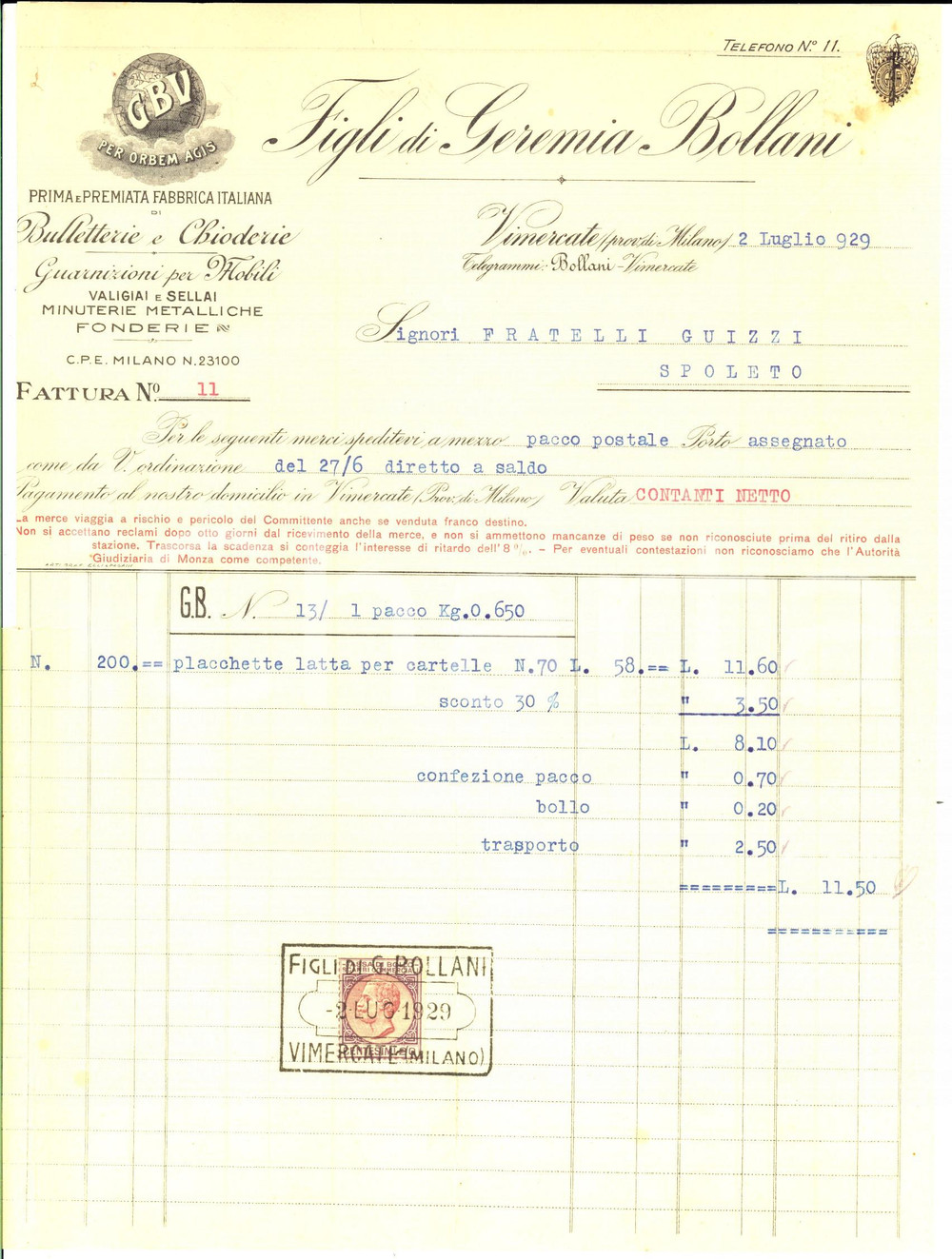 Documento originale, autentico 1929 VIMERCATE MB Figli di Geremia BOLLANI Bulletterie e chioderie Fattura 1