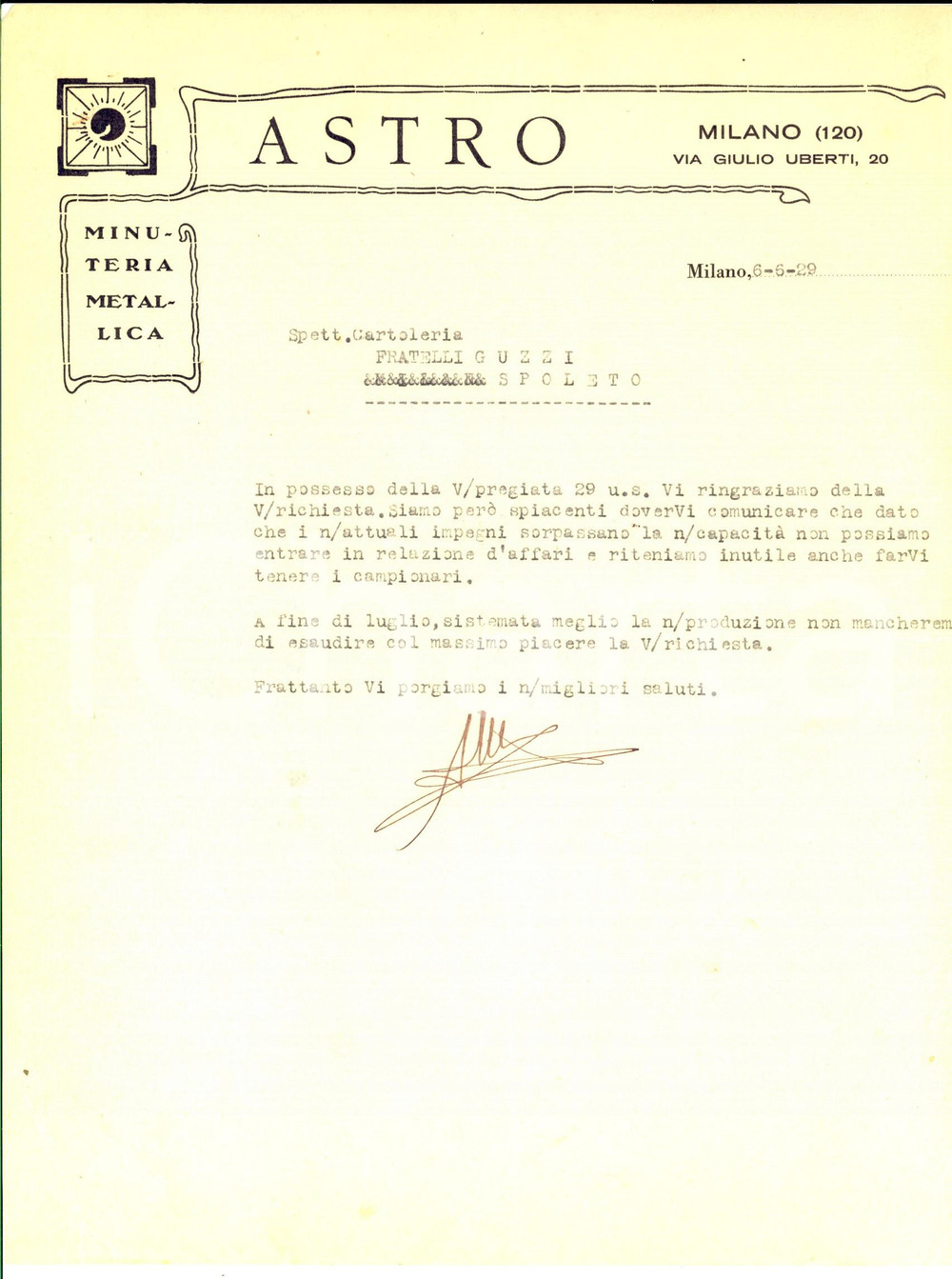 Documento originale, autentico 1929 MILANO Via Uberti 20  Ditta ASTRO Minuteria metallica Lettera commerciale 1