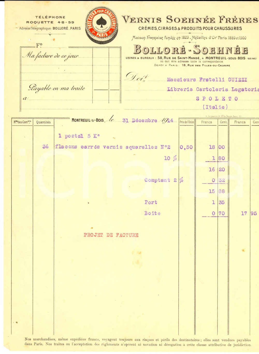 Documento originale, autentico 1914 MONTREUILSURBOIS F BOLLORE   SOEHNEE Prodotti per calzature Fattura 1