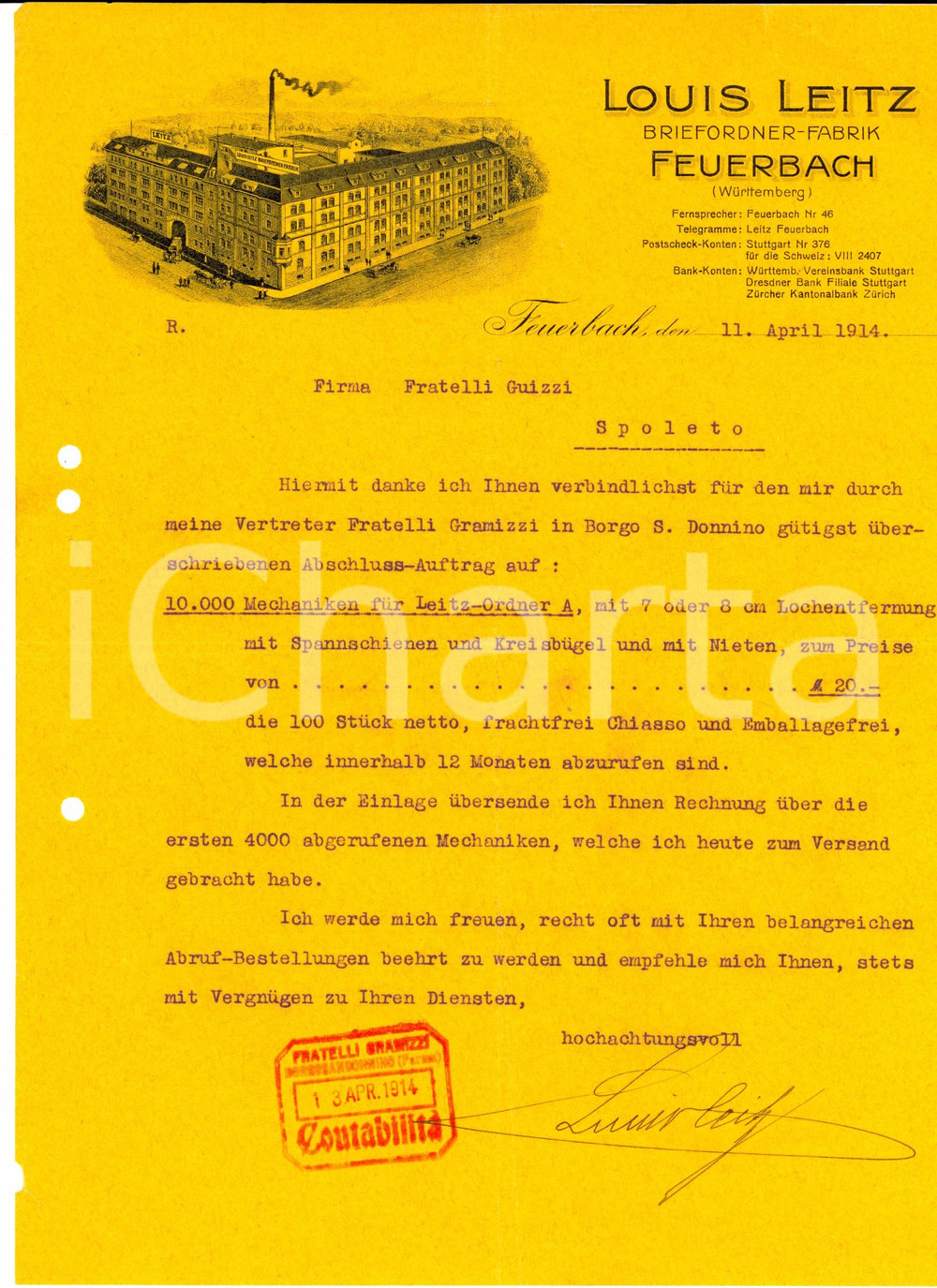Documento originale, autentico 1914 FEUERBACH D Louis LEITZ Briefordnerfabrik Lettera commerciale 1