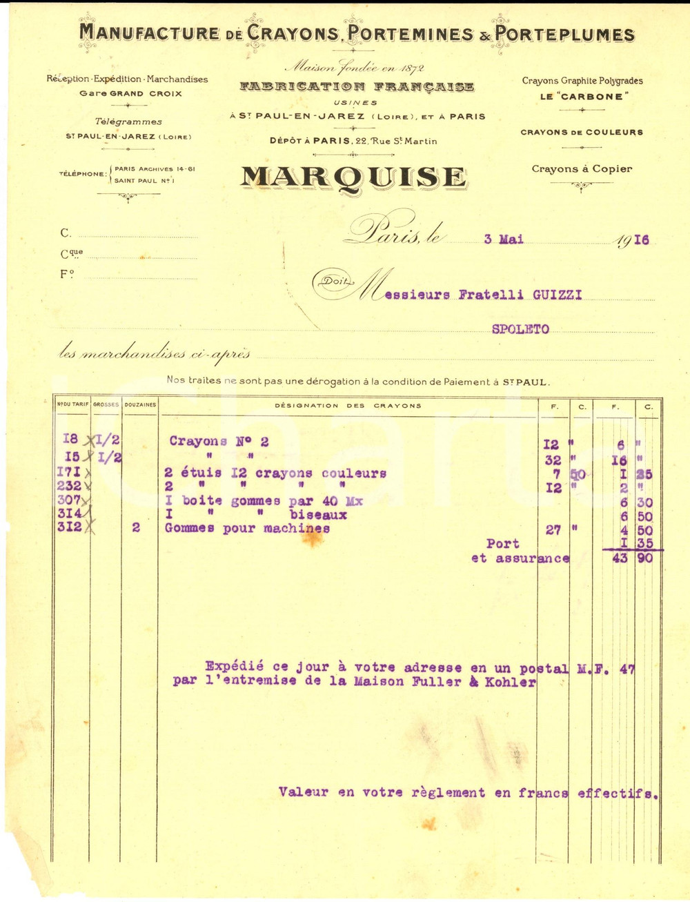 Documento originale, autentico 1916 PARIS MARQUISE Manifacture de crayons et porteplumes Fattura intestata 1