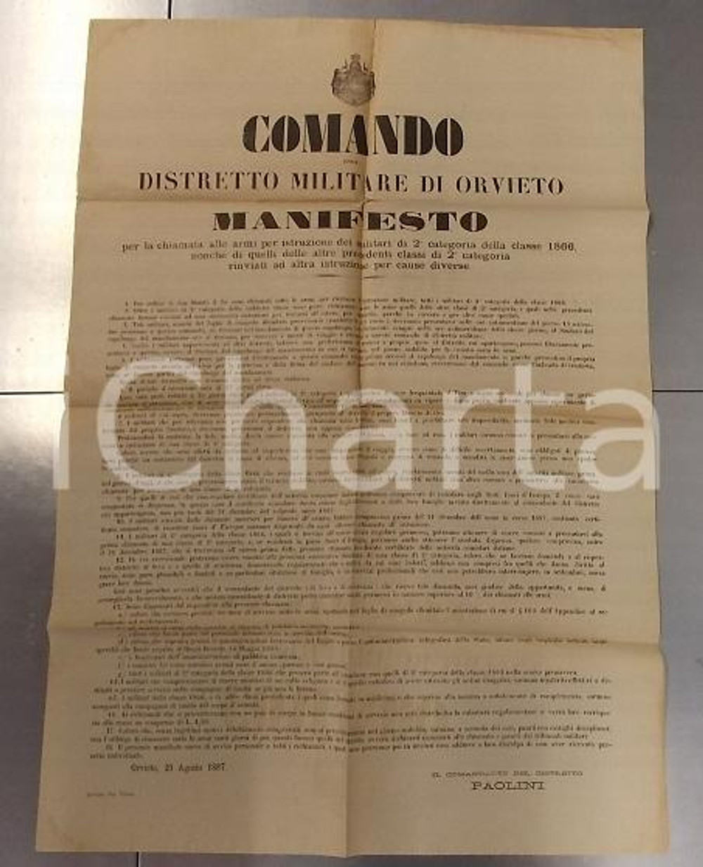Documento originale, autentico 1893 ORVIETO TR Chiamata alle armi militari artiglieria da fortezza Manifesto 1
