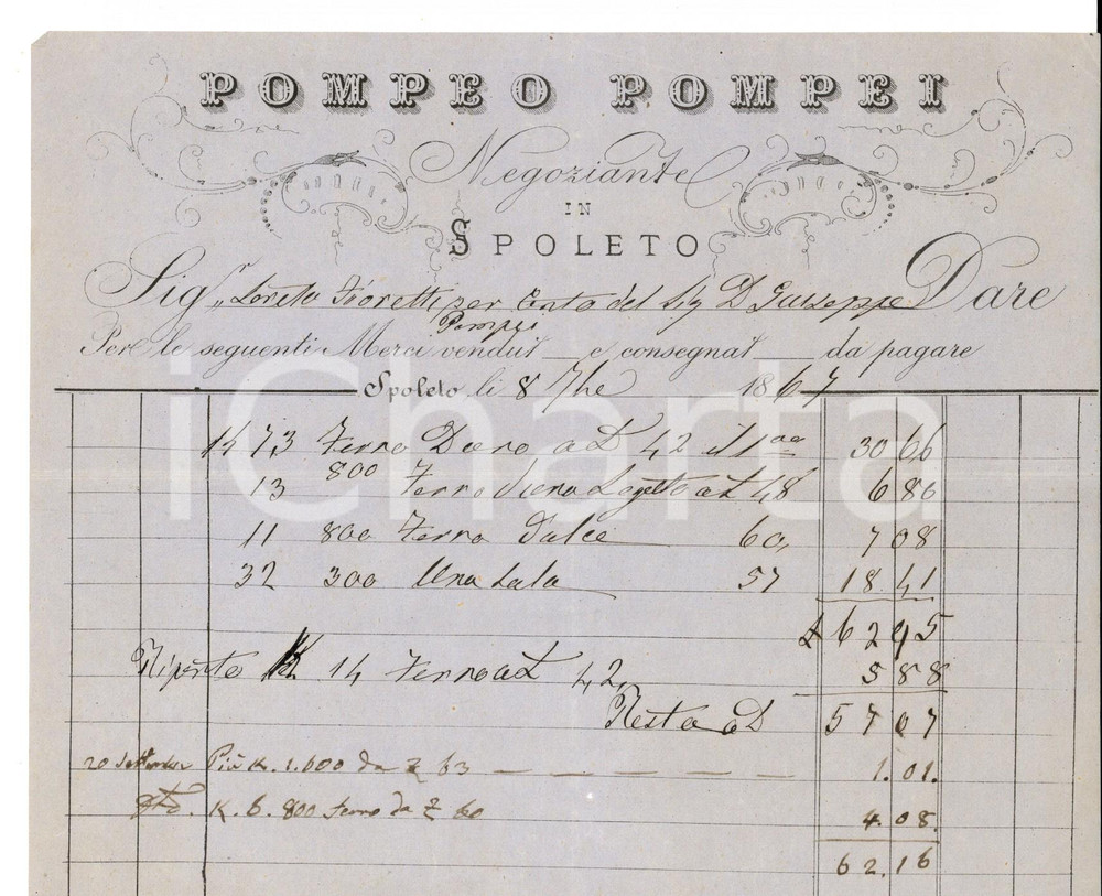Documento originale, autentico 1867 SPOLETO Negoziante Pompeo POMPEI Fattura intestata per ferro 1