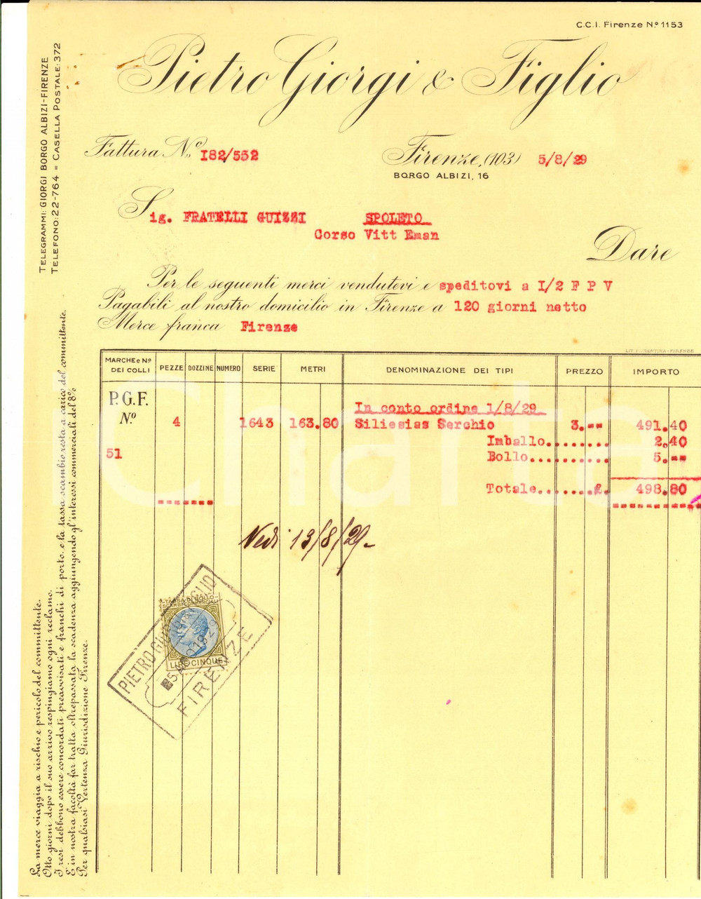 Documento originale, autentico 1929 FIRENZE Ditta Pietro GIORGI & Figlio Fattura su carta intestata 1