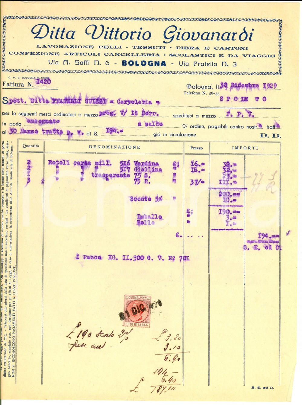 Documento originale, autentico 1929 BOLOGNA Ditta Vittorio GIOVANARDI Lavorazione pelli Fattura intestata 1