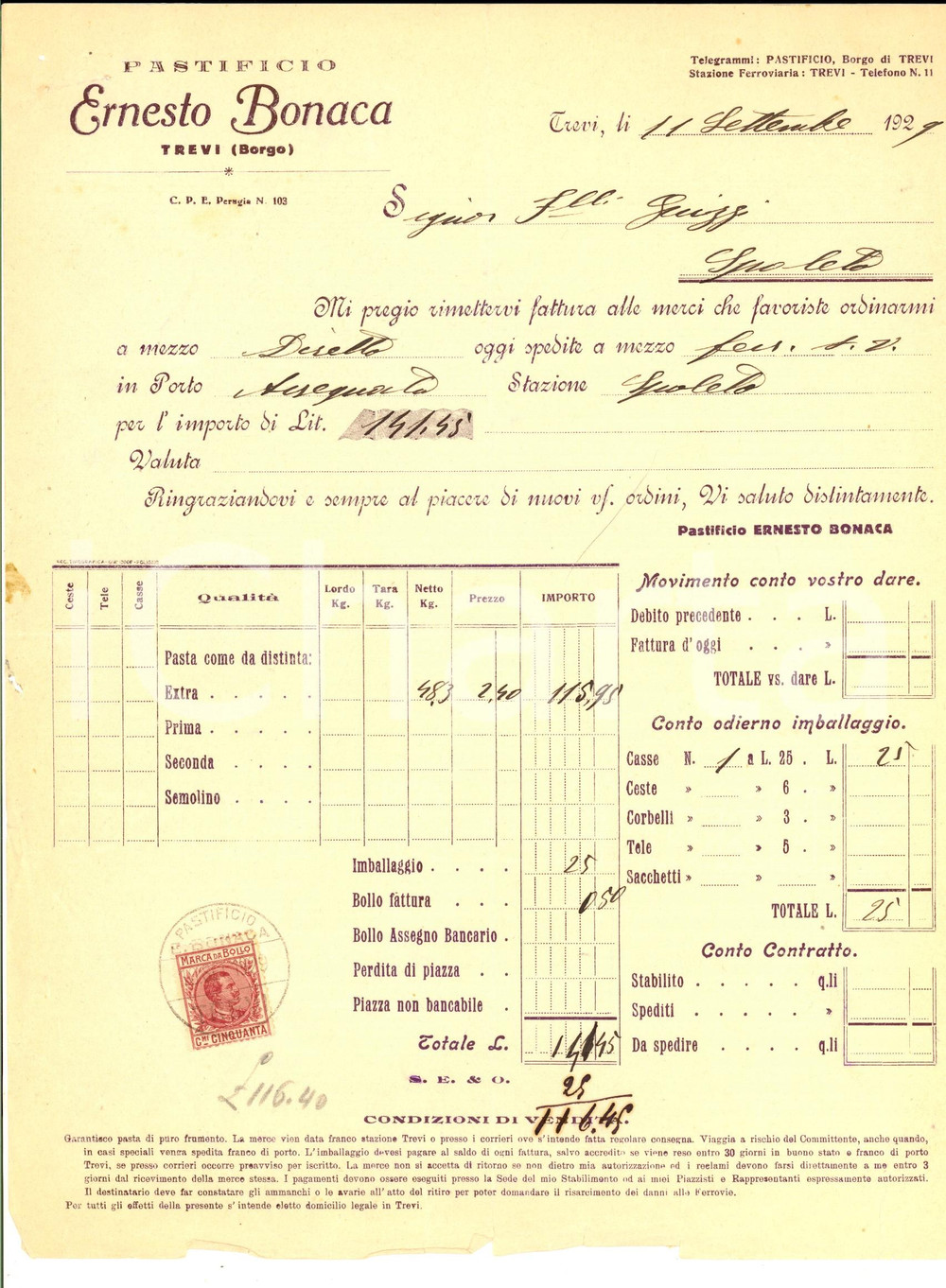 Documento originale, autentico 1929 TREVI PG Pastificio Ernesto BONACA Fattura intestata per pasta extra 1