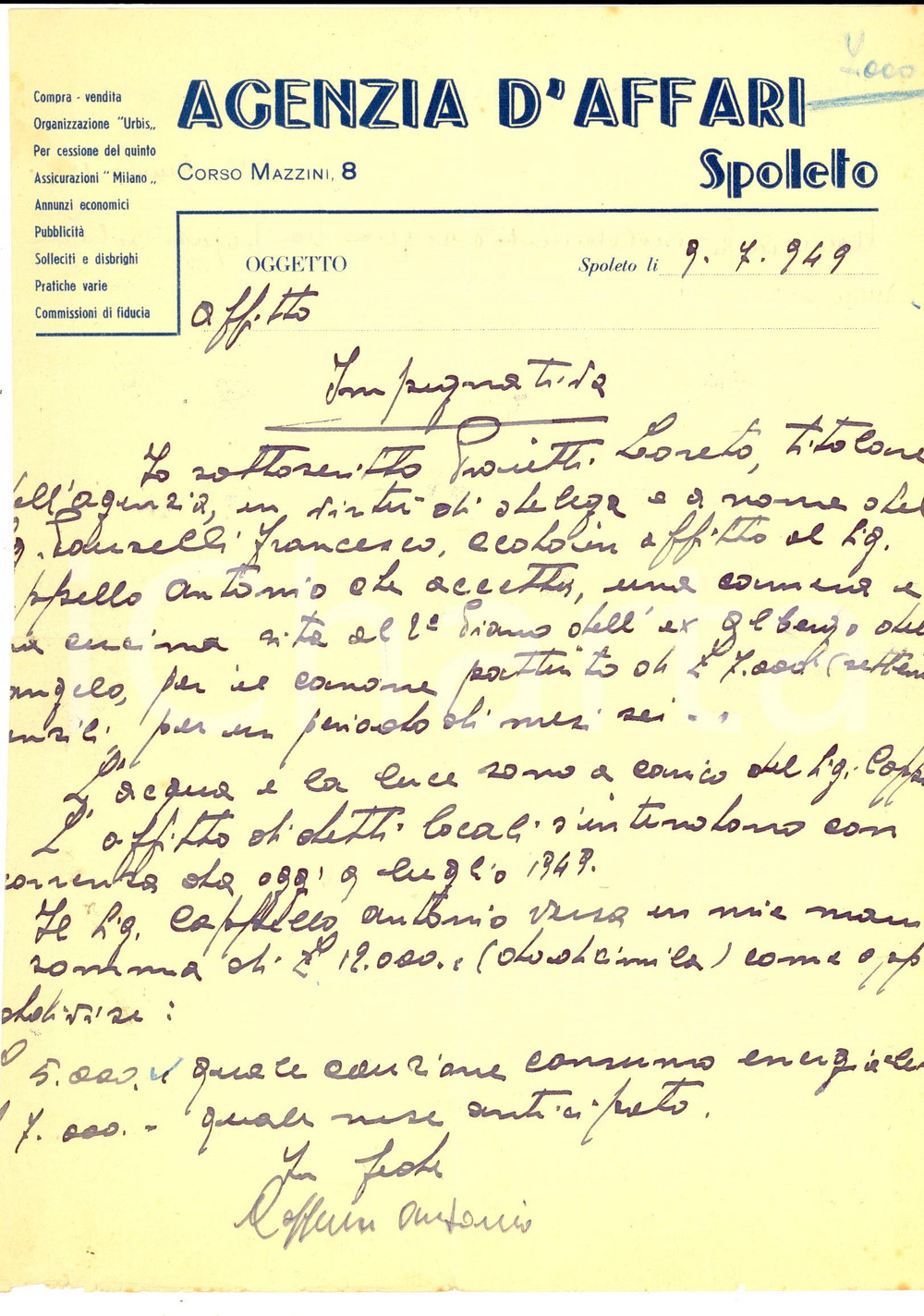 Documento originale, autentico 1949 SPOLETO Corso Mazzzini 8 Agenzia d affari  Lettera di Loreto PROIETTI 1