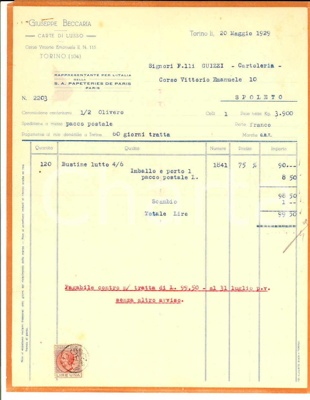 Documento originale, autentico 1929 TORINO Giuseppe BECCARIA carte di lusso Fattura intestata bustine lutto 1