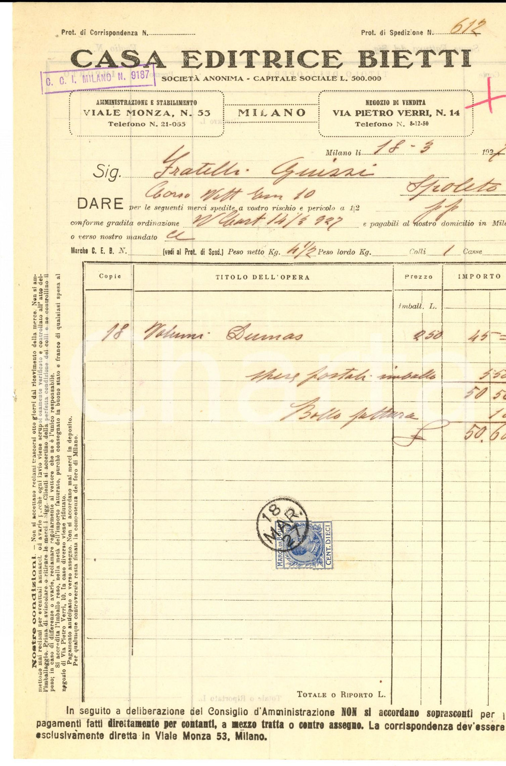 Documento originale, autentico 1927 MILANO Casa editrice BIETTI Fattura intestata per 18 volumi DUMAS 1