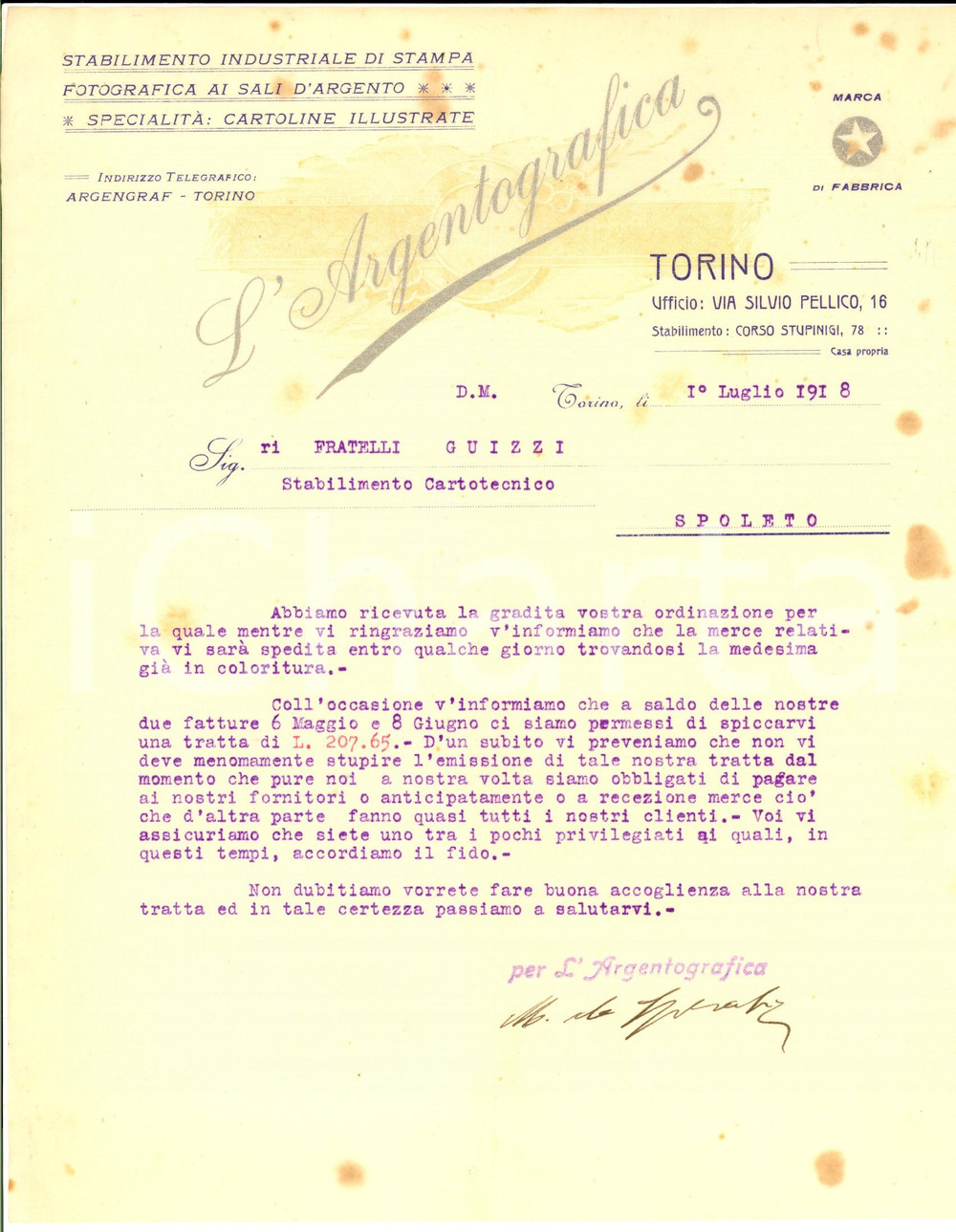Documento originale, autentico 1918 TORINO Ditta L ARGENTOGRAFICA cartoline illustrate Lettera commerciale 1