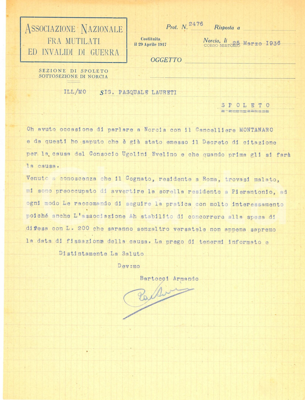 Documento originale, autentico 1936 NORCIA PG Associazione Mutilati e Invalidi di Guerra Lettera su vertenza 1