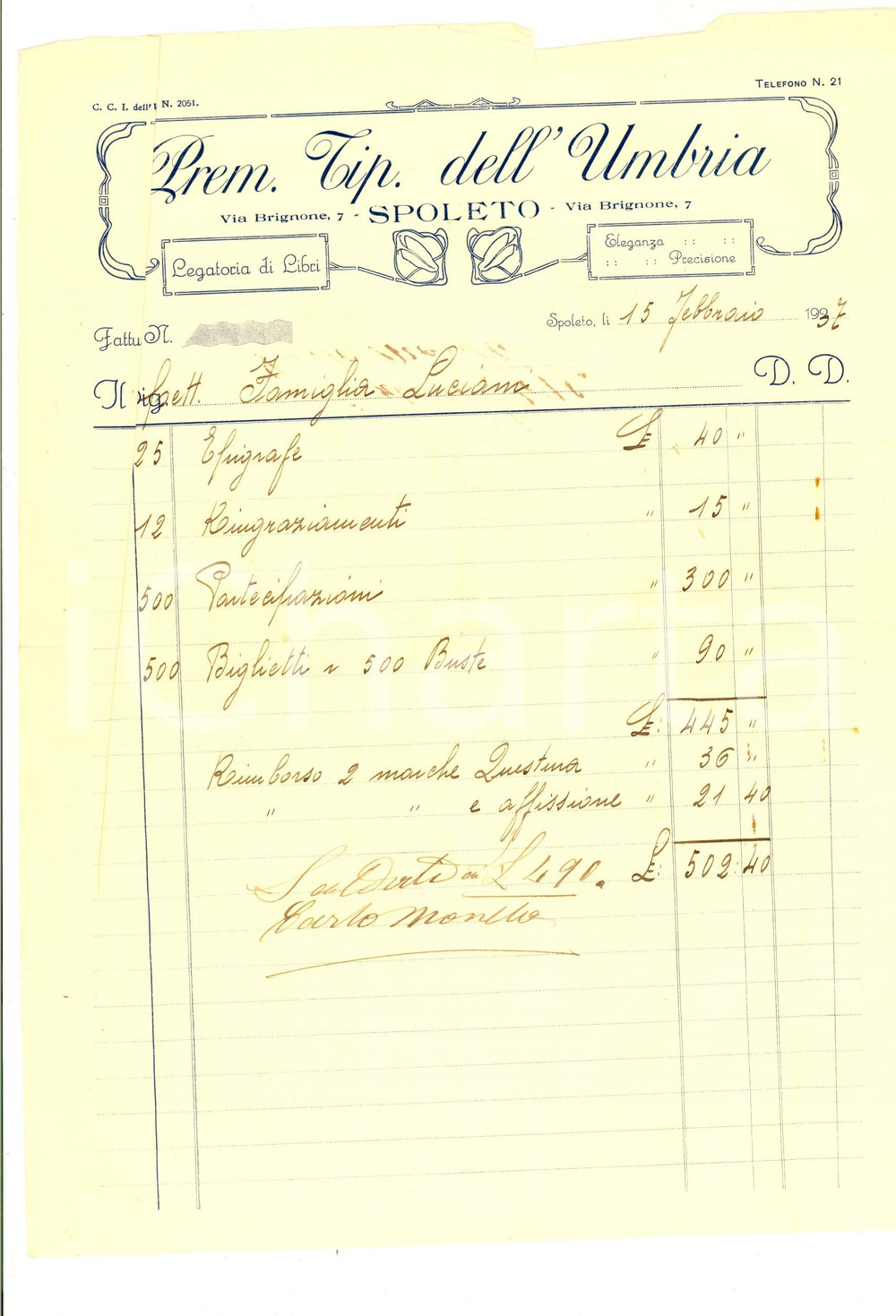 Documento originale, autentico 1937 SPOLETO PG Premiata Tipografia dell UMBRIA legatoria Fattura intestata 1