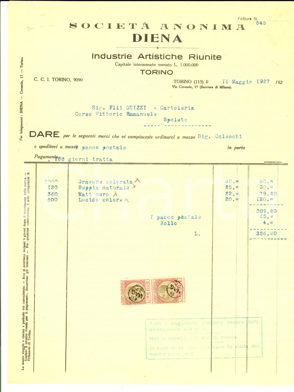 Documento originale, autentico 1927 TORINO Società Anonima DIENA Industrie Artistiche Fattura intestata 1