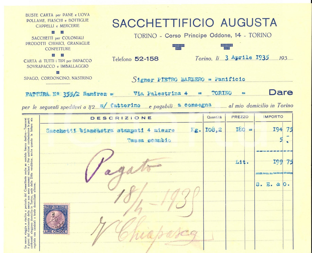 Documento originale, autentico 1935 TORINO Sacchettificio AUGUSTA Buste carta per pane e uova Fattura 1