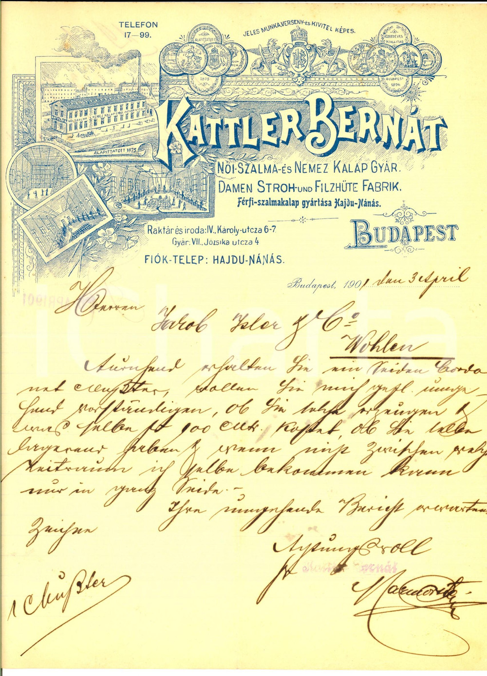 Documento originale, autentico 1901 BUDAPEST KATTLER BERNAT Cappelli di paglie a feltro Lettera commerciale 1