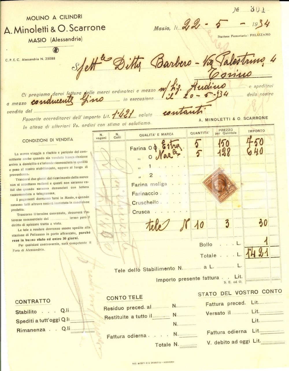 Documento originale, autentico 1934 MASIO AL Molino a cilindri A. MINOLETTI & O. SCARRONE Fattura intestata 1