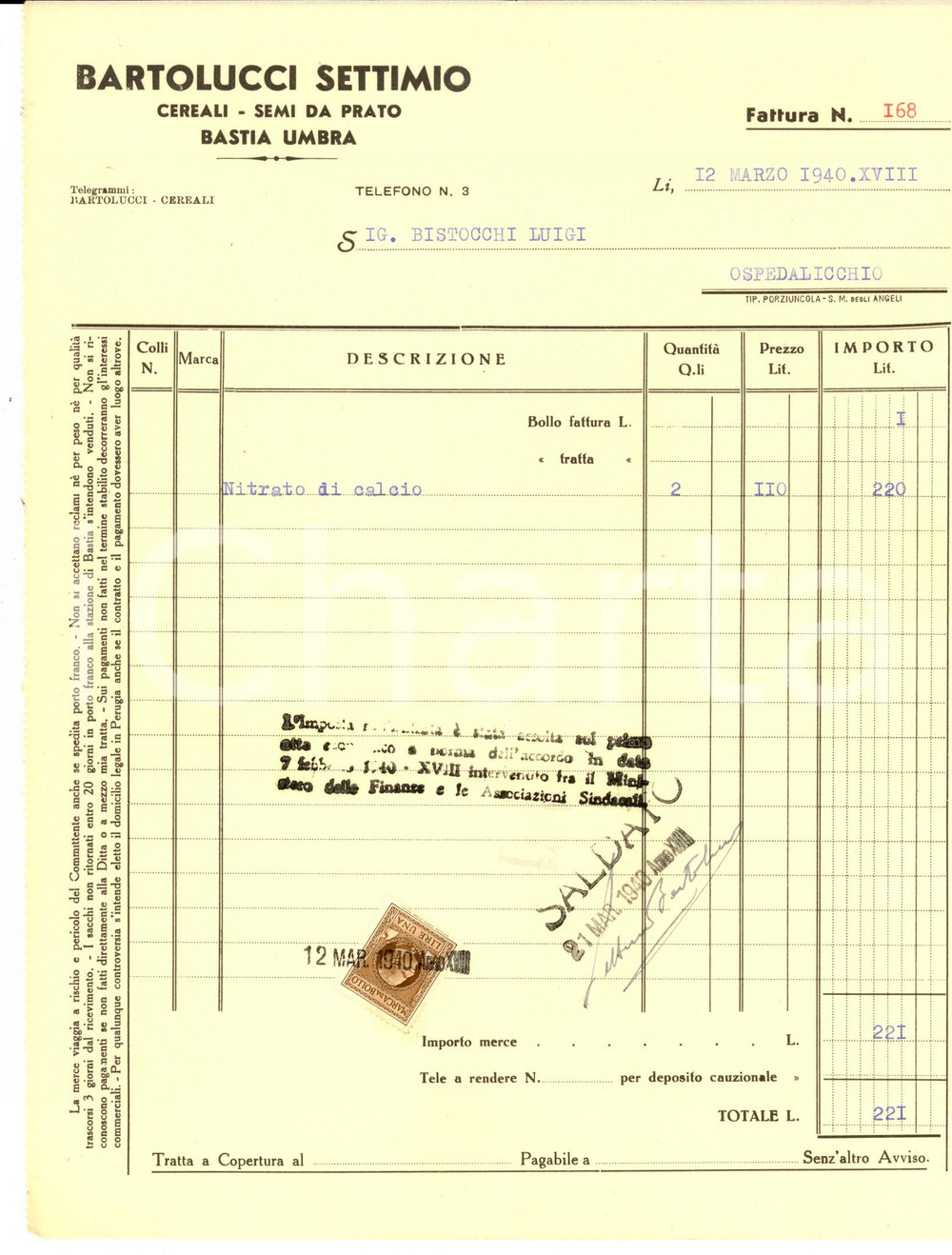 Documento originale, autentico 1940 MASIO AL Settimio BARTOLUCCI Cereali e semi da prato Fattura intestata 1