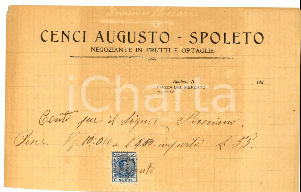 Documento originale, autentico 1920 SPOLETO PG Ditta Augusto CENCI Negoziante in frutti e ortaglie Ricevuta 1