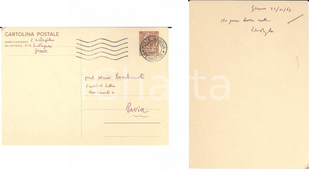 Autografo originale 1967 GENOVA Storico Luca DE REGIBUS a Mario BENDISCIOLI Cartolina AUTOGRAFA 1