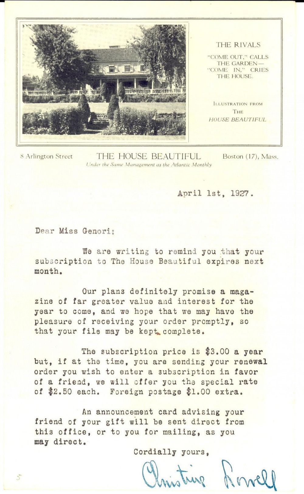 Manoscritto, lettera originale 1927 BOSTON USA Lettera per abbonamento a THE HOUSE BEAUTIFUL Pubblicitaria 1