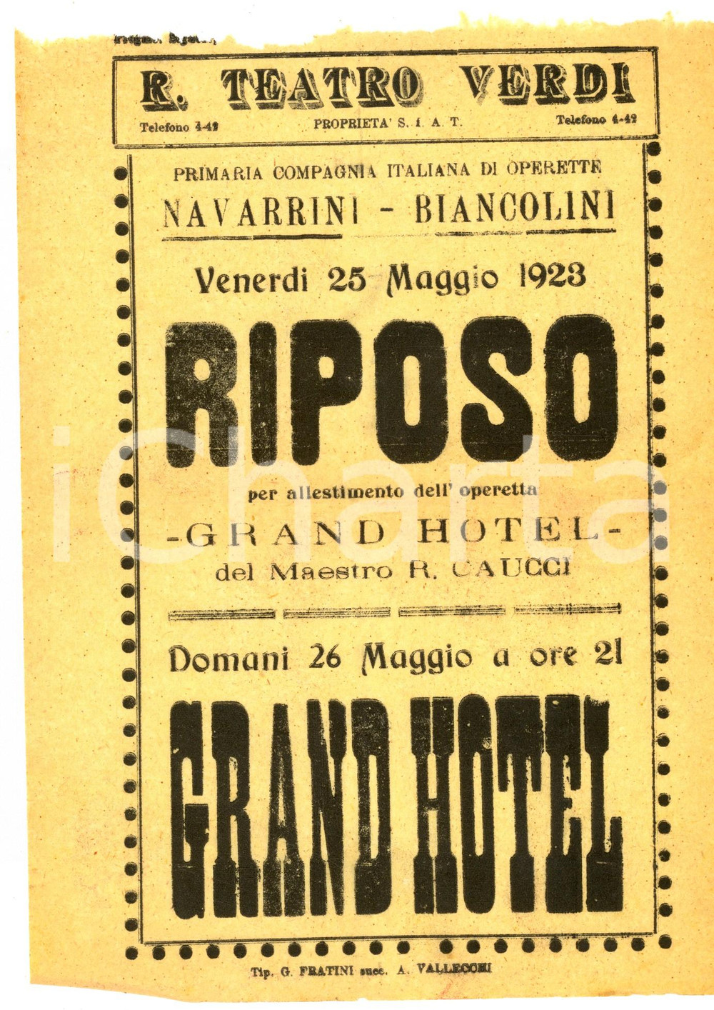 Materiale pubblicitario d’epoca 1923 FIRENZE TEATRO VERDI Compagnia NAVARRINIBIANCOLINI Grand Hotel Locandina 1