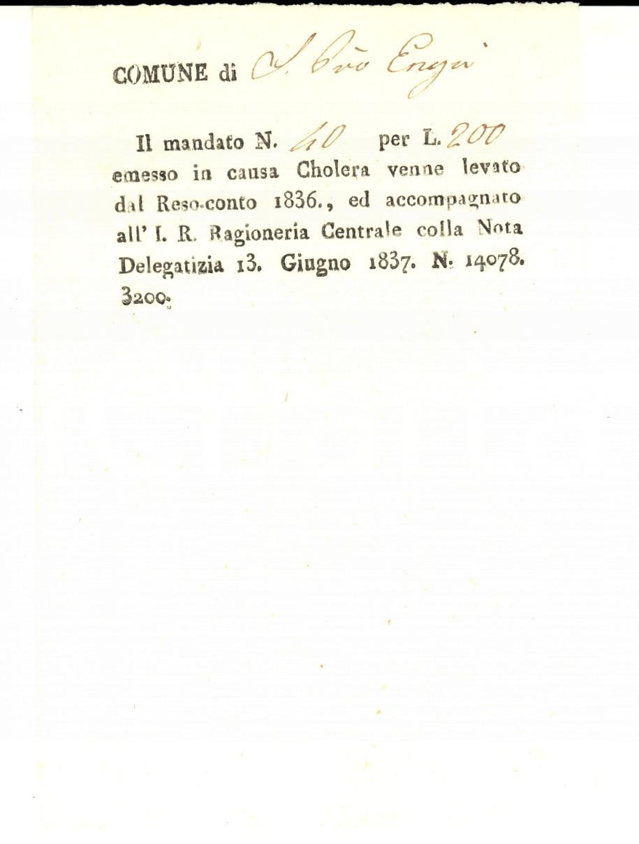 Documento originale, autentico 1837 SAN PIETRO ENGU PD Ricevuta per mandato causa COLERA 1