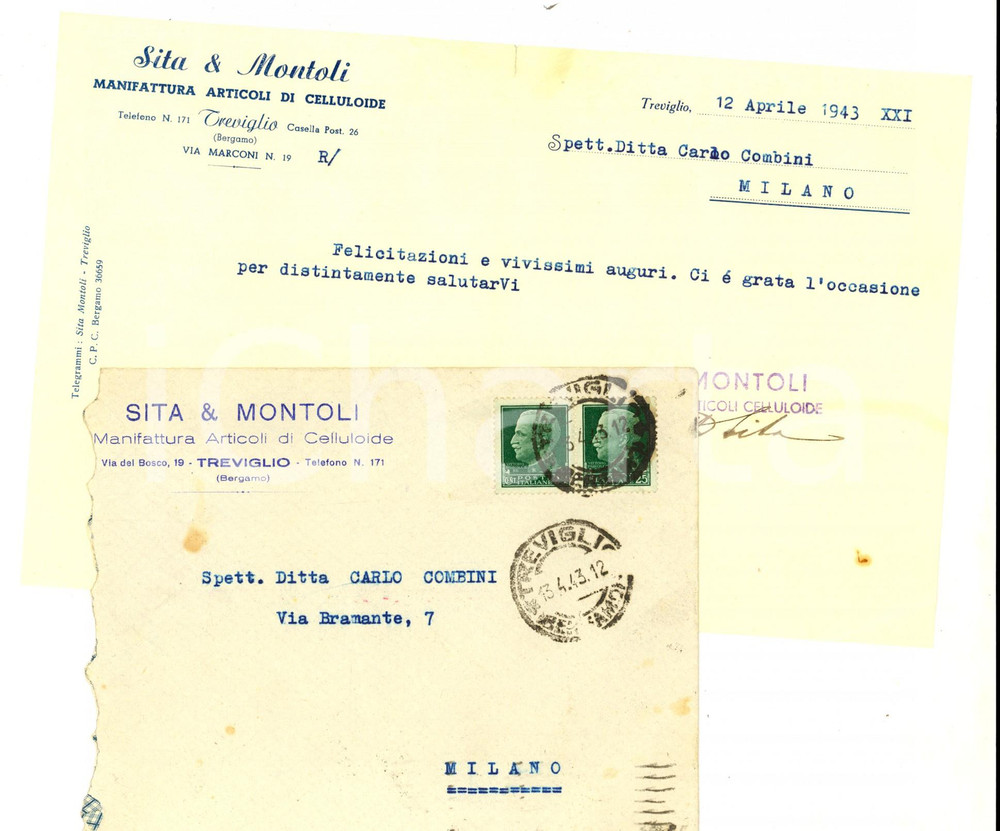 Manoscritto, lettera originale 1943 TREVIGLIO BG Ditta SITA & MONTOLI Manifattura articolo di celluloide 1