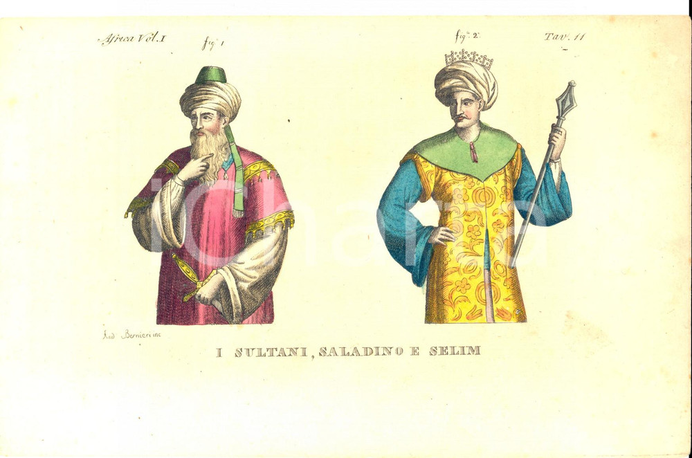 Stampa, bozzetto originale 1823 COSTUMI AFRICA I sultani Saladino Selim Incisione Andrea BERNIERI Stampa 1