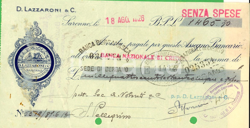 Documento originale, autentico 1926 SARONNO VA Ditta D. LAZZARONI amaretti e biscotti Assegno pubblicitario 1