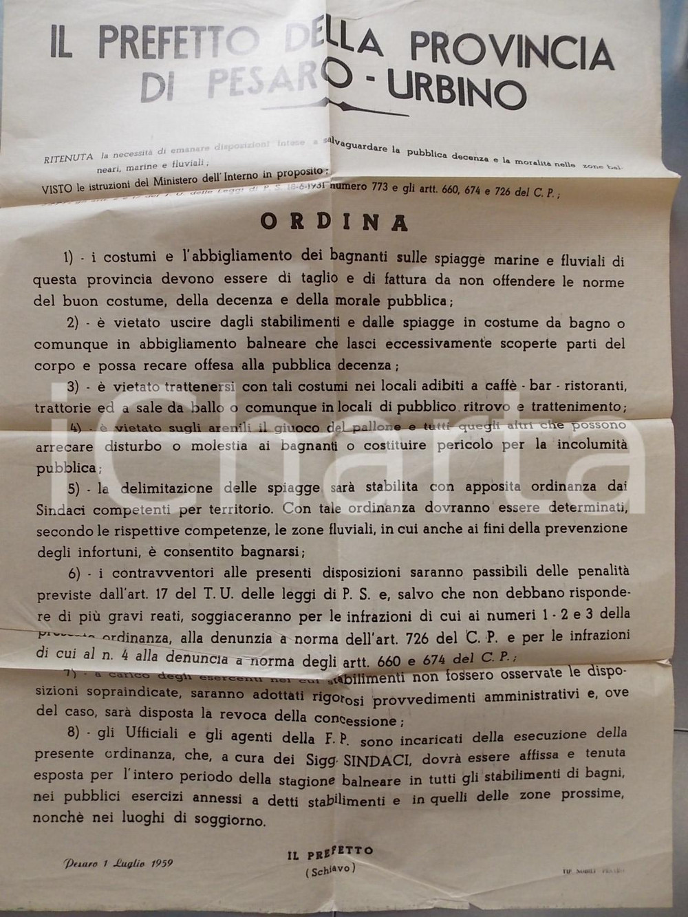 Documento originale, autentico 1959 PESARO Decoro bagnanti sulle spiagge marchigiane Manifesto 50x70 cm 1