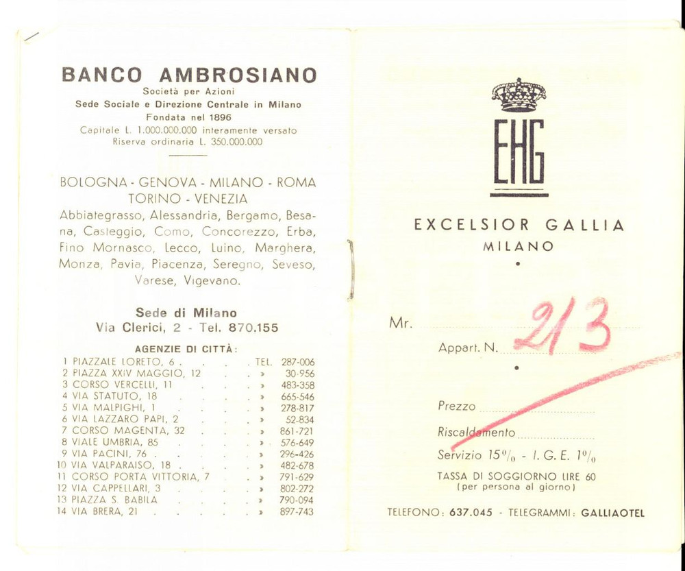 Materiale pubblicitario d’epoca 1950 MILANO Hotel EXCELSIOR GALLIA Libretto notes pubblicitÃ  AMBROSIANO 1