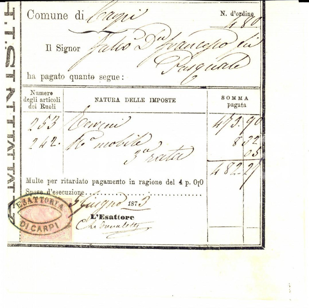 Documento originale, autentico 1873 CARPI MO Ricevuta don Francesco FALCO  per imposte terreni 1